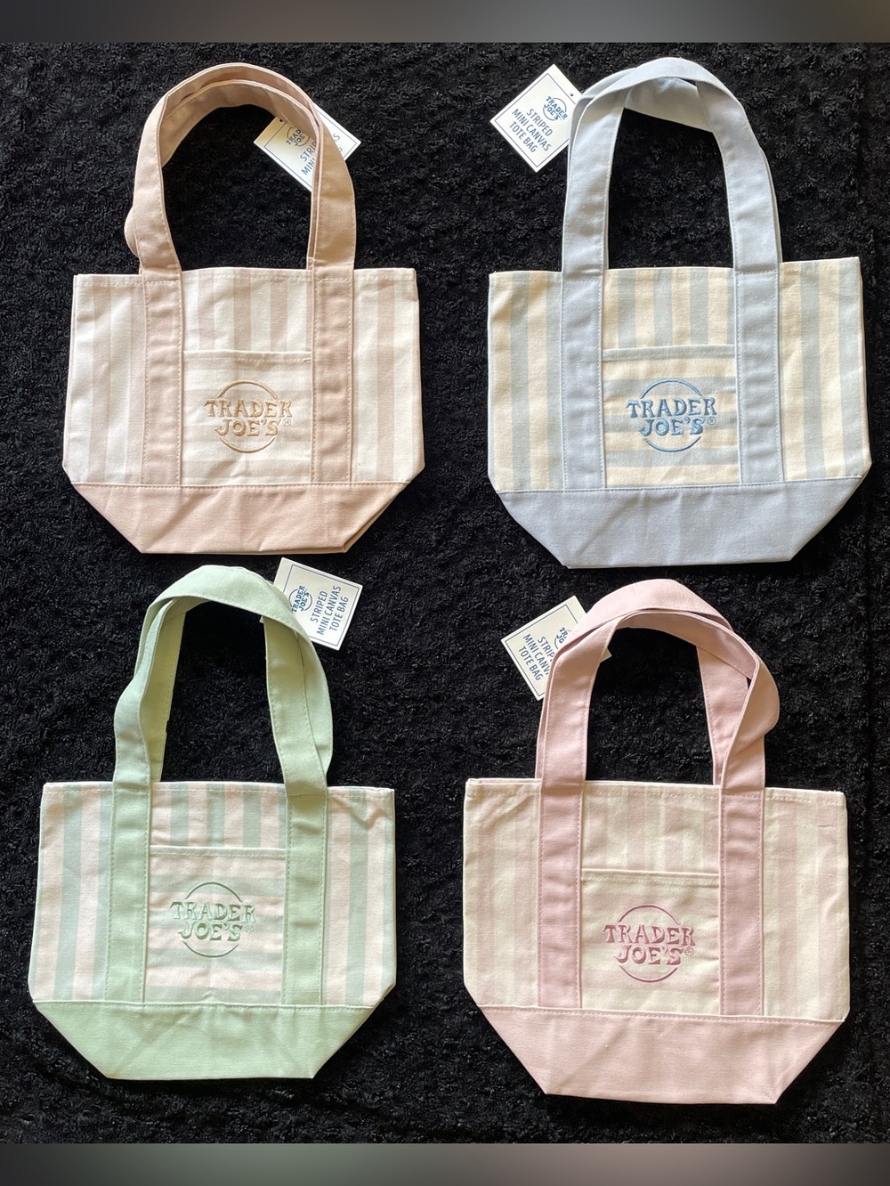 Trader Joe’s Striped Mini Canvas Tote Bag - Pink, Green, Blue, Tan Set of 4 - Picture 3 of 9